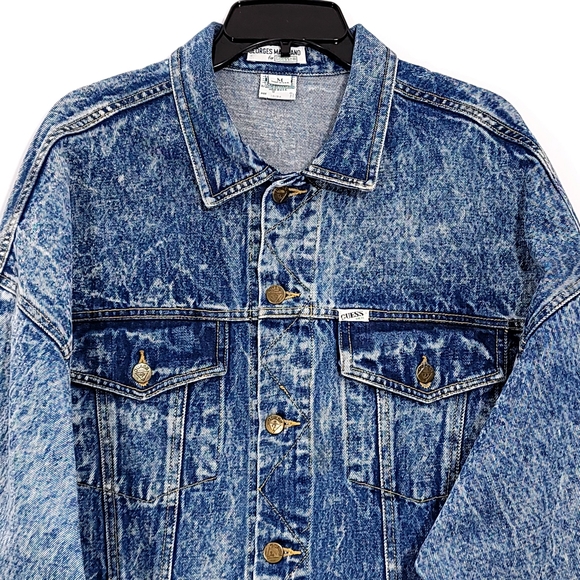 Guess Vintage 80s Acid-Washed Trucker Jacket/ Guess Striped Crewneck Men' Medium - Picture 11 of 16